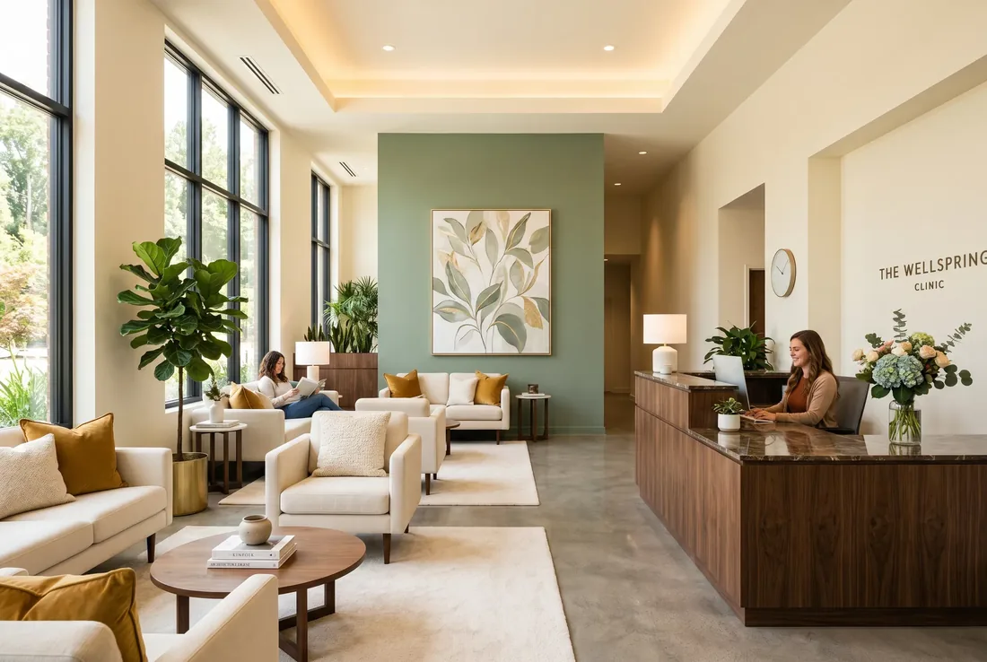 The warm, plant-filled reception lounge at Saltwood Mental Health in Dallas